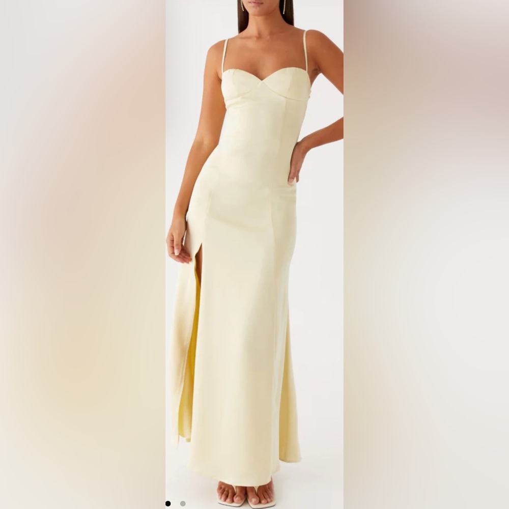 Peppermayo Pale Yellow Satin Slip Dress with Thigh Slit